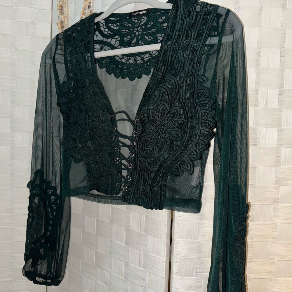 Long Sleeve See Through Lace Detail Crop Top